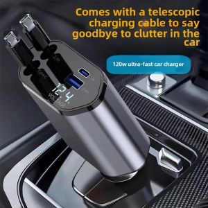 Car Charger Adaptor 120W Fast Charge USB Type C Fast Charger Cable with Retractable Cords Fit for Mobile Phone