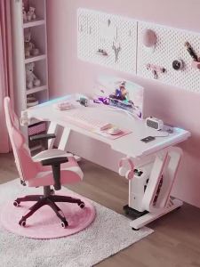 UrbanSpace SG- Pink Gaming Desk Set Combination Gaming Desk Chair Streamer Desk for Girls Bedroom Home Simple Desktop Computer Desk