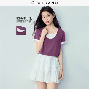 Giordano Beau Monde Women Fake two-piece contrast short sleeve tee Free Shipping 13326508