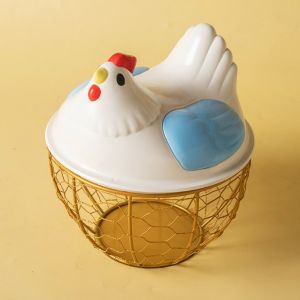 HAF0083 Rustic Hen Shape Egg Basket Farm Style with Lid Hollow Iron Basket Cute Storage Egg Container Kitchen Accessories