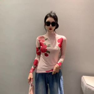 AMMIN เสื้อยืดแขนชุดยาวพิมพ์ลายดอกไม้กึ่งสูงเรียบง่ายสำหรับผู้หญิงเสื้อเบลาส์ขนาดพลัสสวยสง่าลำลองสีสดใสเหมาะสำหรับฤดูใบไม้ผลิ/ฤดูร้อน2024