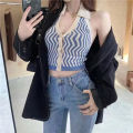 bikini top summer Striped Knitted Sleeveless tank top Halter Lapel backless Top. 
