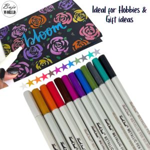 Metallic Brush Marker Pens 12 Colored Ink Art Pen non toxic -CalligraphyBrush Lettering Black Paper Rock art Card Fabric Ceramics Bujoworld