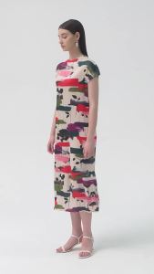 Short Sleeve Half Turtleneck Dress Womens Korean Style Niche High-Grade Printed Pleated Straight Dress #6328