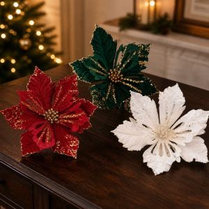 UNQIN Realistic Velvet Artificial Poinsettia Handmade Flocking Christmas Tree Flower Picks Flower Accessory Simulation Glitter Christmas Flower Stem Christmas Party