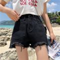 Korean high waist tattered denim shorts for women casual hole wide leg black jeans. 