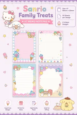 [SG INSTOCK] Childrens Day Gift: Sanrio Family Cafe Treats A7 Memo Notepad 50 Sheets 70gsm OBA-Free Paper Hello Kitty Pompompurin Melody Cinnamoroll Little Twin Stars Hangyodon Cute Kawaii Student Childrens Goodie Bag Gift