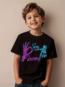 [Local Stock] VCC Fun Six Seven 6 7 Meme Design T-Shirt for Kids Chaotic Humor Y2k Game Saying Tees Casual O-Neck Top Fashion Childrens Clothing