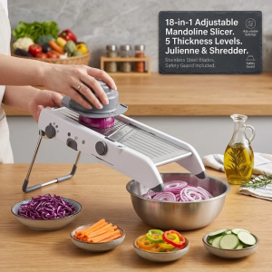18-in-1 Adjustable Mandoline Slicer with 5 Thickness Levels Stainless Steel Blades Julienne Grater Shredder with Safety Guard for Kitchen
