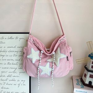 New Large Capacity Women Shoulder Bag Stripe Bag Corduroy College Student Crossbody Bag Book Bag