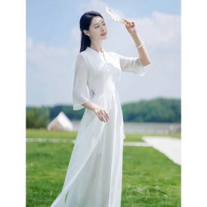 เรียบหรู สีขาว สไตล์จีนยาวกี่เพ้า เดรส ผู้หญิงฤดูร้อนแฟชั่นชาพิธีเครื่องแต่งกาย ผ่าชายสูง แขนสั้นชุดราตรี ชุดราตรี