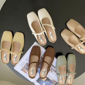 🔥Nadines🔥รองเท้าล่อสำหรับผู้หญิง รองเท้าแตะครึ่งเท้าสแควร์ย้อนยุค รองเท้าหัวเข็มขัดแบนสบาย ๆ สำหรับผู้หญิง พื้นรองเท้านุ่ม เดินไม่เมื่อยล้า.