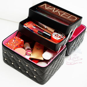 BG45 กระเป๋าเครื่องสำอางทรงแข็ง ขนาดใหญ่ 2 ชั้น สีดำ