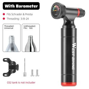 2026 WEST BIKING CO2 Air Pump With Barometer Portable MTB Road Bike Tire Inflator Quick Pumping Schrader Presta Adapter Bicycle Pump