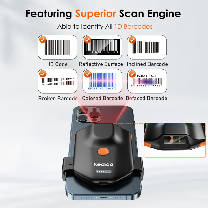 Kedida Portable 1D 2D Barcode Scanner Back Clip QR Code Reader Via ...