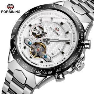 Original Forsining Automatic Mechanical Watch Mens Hollow Stainless Steel Business Sports Double Dial Mechanical Clock