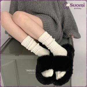 Suomi Women Sock Japanese Style Retro Thick Thread Solid Color Middle Tube Socks