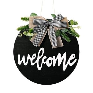 HULEQQI Nơ lưới Biển chào mừng bằng gỗ Hoa hướng dương 30cm Tranh treo tường Cá nhân hóa Lá cây bạch đàn nhân tạo Đồ trang trí treo. Cửa trước