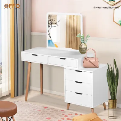 Offo Living - Meja Rias Minimalis Kaki Kayu Solid dengan Drawer - MRSL-03