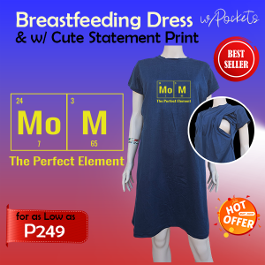 Ana Nursing/Breastfeeding and Maternity Dress with Cute Print "MOM" fits S-M & L-XL w/ Side Pockets & Discreet side Opening