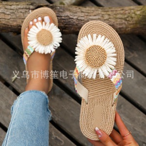 Free Shipping Summer New Trendy WomenS PP Straw Flip-Flops Fashionable And Simple Floral Flat Sandals Casual Outdoor Slippers