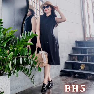 Đầm sơ mi Linen Bột dáng suông sát nách túi nhún eo - BH5