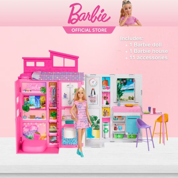 Barbie Doll House Playset Getaway House WITH BARBIE DOLL and Accessories,  Play Areas And 11 Decor Accessories