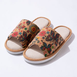 Indoor slippers cork fabric animal/plant printed linen slippers suitable for both men and women