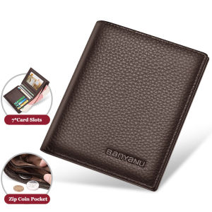 BANYANU Man Short Card Holder Purse Vertical Cow Genuine Leather Coin Bag Black Slim Wallet for Men 2024 Travel Gifts