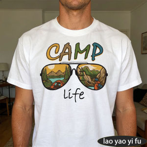 [Local Stock] HBESTY  Camp Life Reflective Sunglasses Scenery Graphic T Shirt Men Cool Outdoor Travel Print Top Summer Beach Lake Vacation Shirt