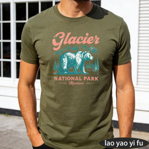 [Local Stock] HBESTY  Glacier National Park Montana Bear Mountain Pine Men Summer Cotton T Shirt Vintage Outdoor Nature Casual Holiday Wear Tee