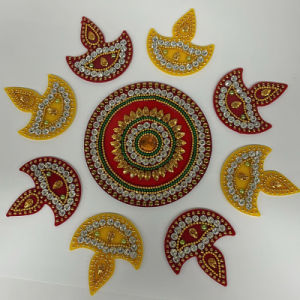 Reusable Handcrafted Acrylic Rangoli – 9-Piece Set | Festive Home Décor with Studded Stones | Ideal for Diwali & Festival Decor (Size - 8 Inches | Pack of 1)
