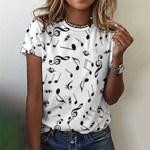 New Fashion Music T Shirt Ladies Summer Crew Neck Casual Note Print Funny T-shirts Streetwear Elegant White Black Womens Clothes