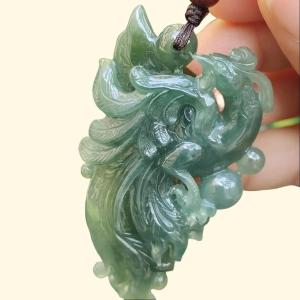 Green High Quality Natural Type A Jadeite Jade New arrival crafted as Phoenix Pendant certificate weighs 32.81 grams measurement 58.6 * 34.5 * 12.3 mm (pendant326)