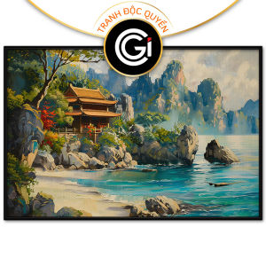 Tranh biển đảo quê hương phong cảnh ngôi chùa ven biểntranh treo tường dán tường trang trí phòng khách phòng thờ.CGI-614