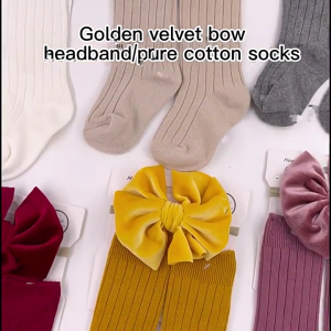 Baby Sock and Bowknot Headband Kit Knee High Socks Solid Color Warmer Socks for Girl Boy Infant Toddler Baby-shower Gift