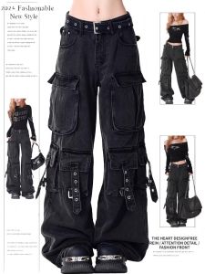 Women Y2K American Vintage Cargo Jeans Multi Pocket High Waist Wide Leg Floor Length Straight Denim Pants Grunge Streetwear2026