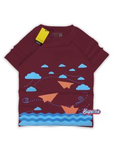 Baju anak laki laki distro karakter kendaraan kapal kertas warna maroon bahan adem sablon plastisol