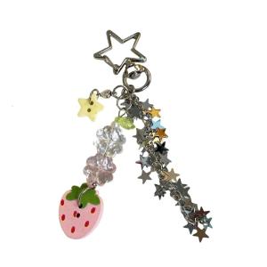 Lucky Strawberry Four Leaf Clovers Keyring Decorated With Stars Buttons Vintage Y2K Aesthetic Bag Accessory