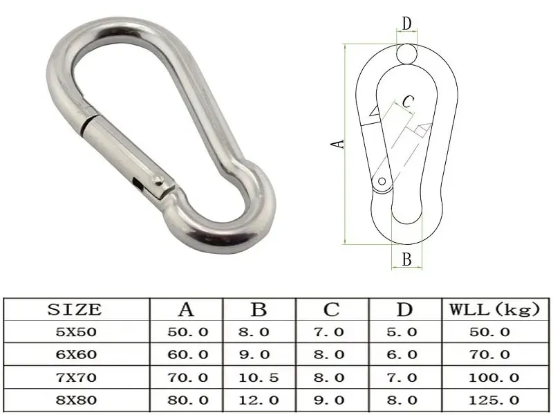 5PCS Silver Carabiner Snap Hook Marine Stainless Steel Length Large Heavy  Duty Stainles Carabiner