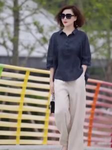 Fashion Jacquard Lapel Shirt Retro WomenS Half Sleeved Shirt Casual Loose Pullover Tops Summer Cotton Linen Blouse