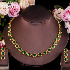 SEQUITO High Quality Gold Plated Luxury Jewelry Set Pave Cubic Zircon Stone Oval Necklace Bracelet Earrings for Ladies SJ140