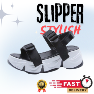 Sandal Gunung Tali Selop 2 Strap Casual Trendy Wanita Remaja Korean Style Outdoor Hitam Kombinasi Putih Sol Karet Tebal Empuk Lentur Anti Slip Terbaru Kekinian