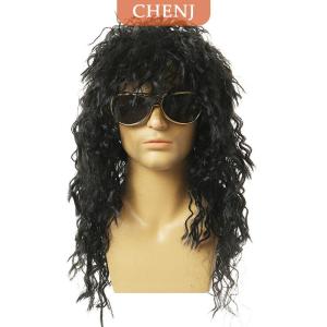 [COD] CHENJ วิกผมหยิกยาวสีดำสำหรับผู้ชายวิกผมคอสเพลย์สังเคราะห์เครื่องทำเส้นใยสูงฟูสำหรับปาร์ตี้ร็อคไนต์คลับวิกผม