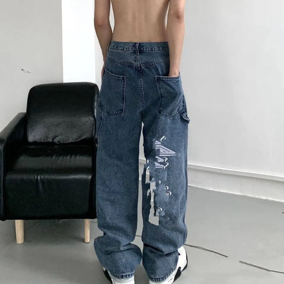 In Stock】Men'S Jeans Men Jeans Letter Embroidery Loose Wide Leg