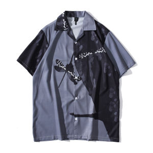 Dark Icon Kemeja Lengan Pendek Casual Motif Print Capung Gaya Hawaii Warna Hitam Untuk Pria