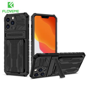 FLOVEME Shockproof TPU+PC With Stand Phone Case For iphone 16 15 14 13 12 11 Pro Max Card Slot Anti Fall Protective Case