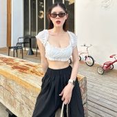 🌈SpinnyHouse🌈เสื้อครอปแขนตุ๊กตา ผ้ามุ้ง2ชั้น แต่งโบว์ช่วงอก 🎀 ผ้ายืดใส่สบาย นางแบบใส่งานจริงค่า รุ่น โบว์รัก B-007-3-B