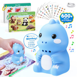 Kids English learning toy: Dinosaur touch-and-read phonics book with 600+ vocabulary words 112 flashcards voice recording function and Type-C charging.