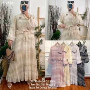 Daripuspitaid/Gamis Dress Ceruty Premium Motif Mewah Full Furing Kancing Depan Set Hijab Pashmina Free Belt Gesper Mutiara/Seragam Lebaran Couple Terbaru 2024/Setelan Gamis Abaya Syari Set Hijab Khimar / Grosir Gamis Termurah Premium/